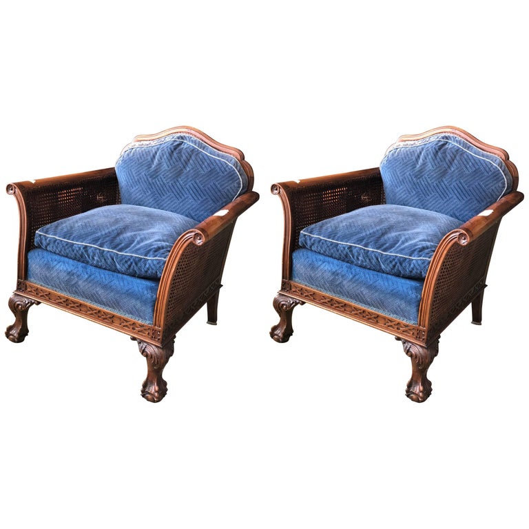 Two Blue Carved Neoclassical Wood Cane Armchairs For Sale at 1stDibs