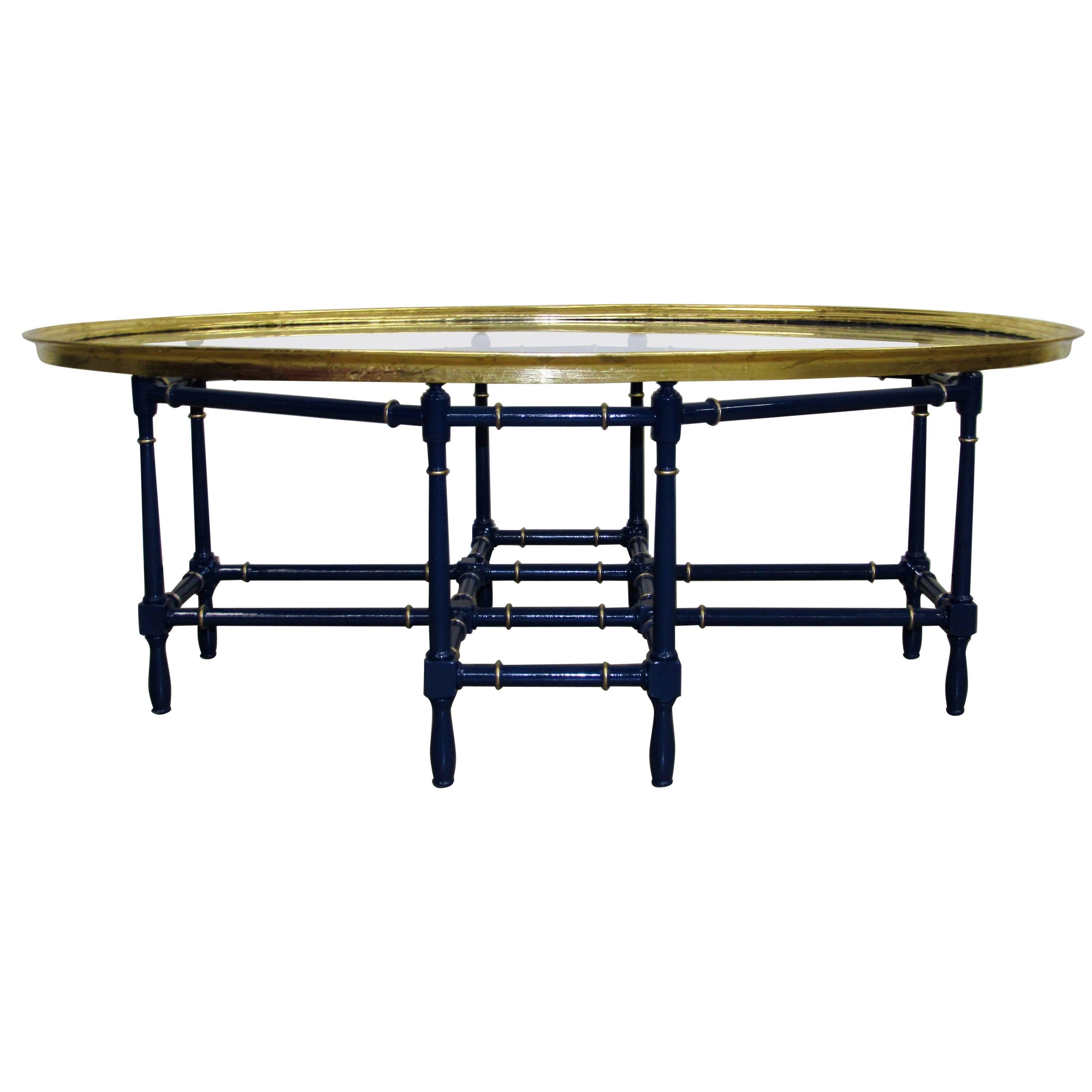 Baker Bamboo and Gilded Oval Glass Tray Cocktail Table