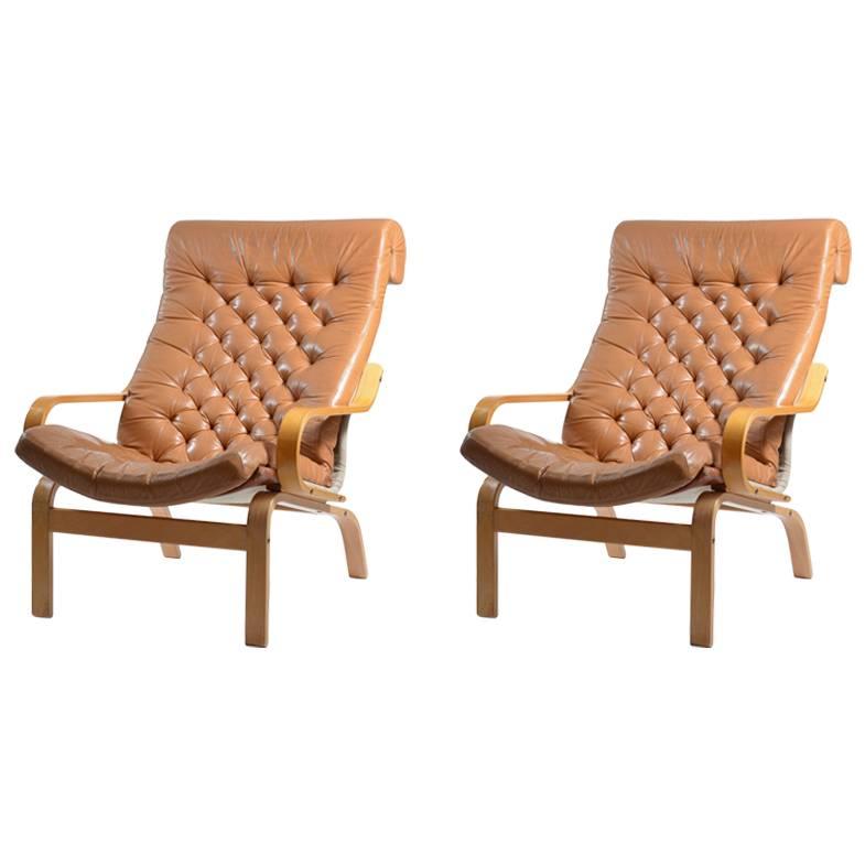 Rare 1970s Noboru Nakamura Bore Armchairs for Ikea in Leather and Linen For Sale