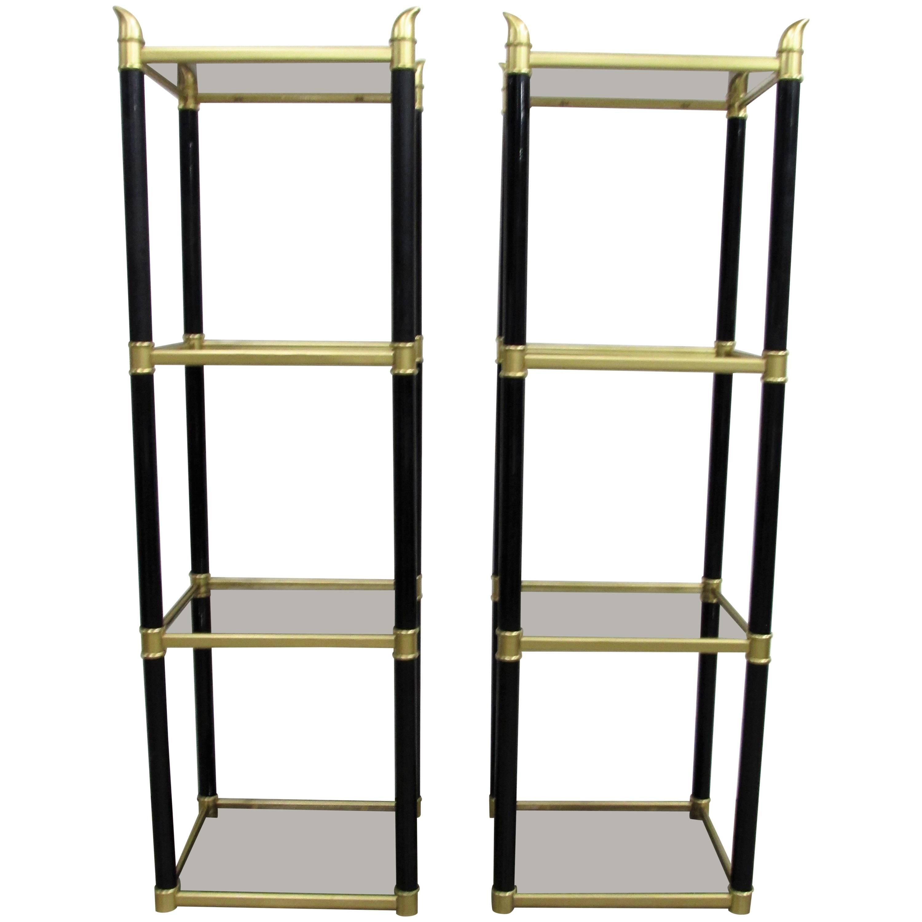 Chinoiserie Metal Black and Gold Étagerés, Pair For Sale