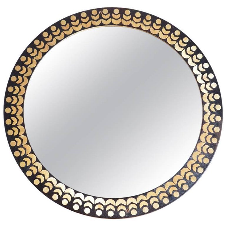 Midcentury Round Wall Mirror with Inlay Wood Frame, Czechslovakia