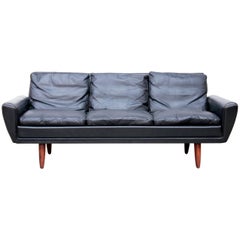 Black Leather Three-Seat Sofa by Danish Designer Georg Thams, 1964, Denmark