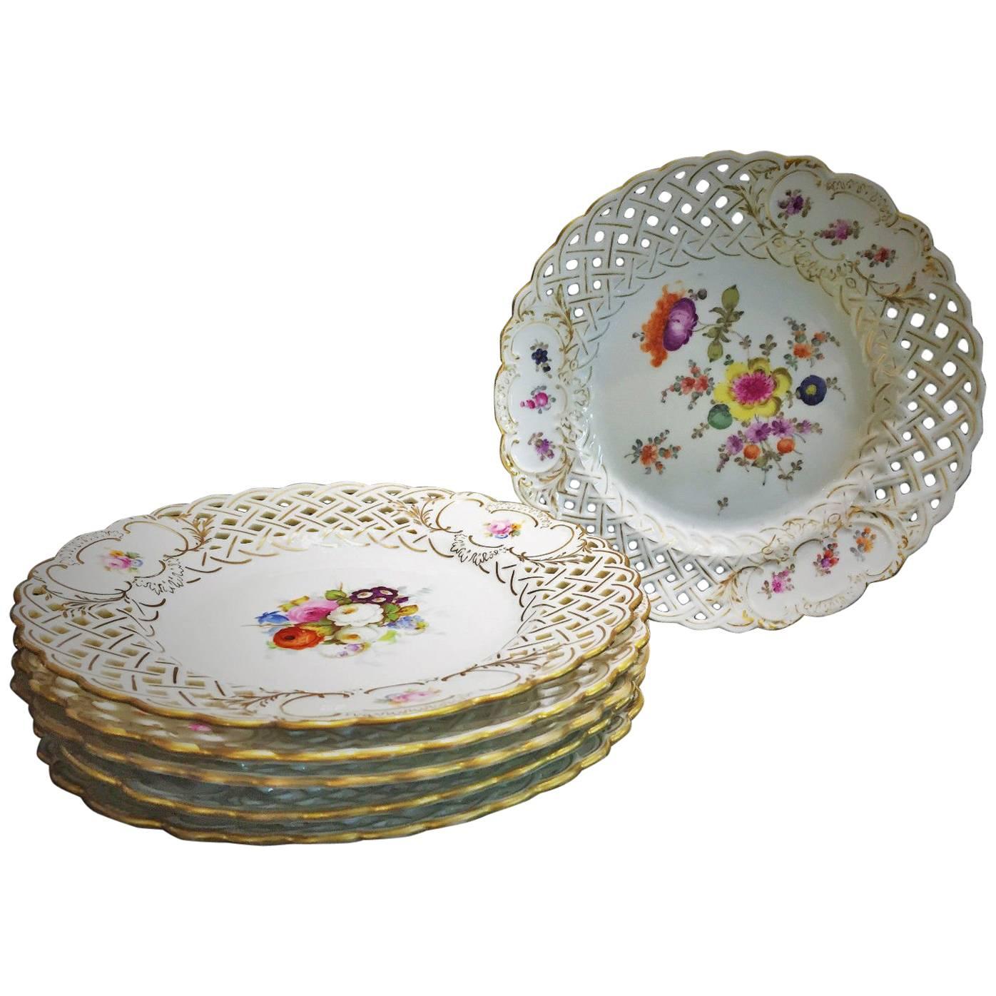 Carl Teichert, Seven Meissen Porcelain Reticulated Dessert Plates, circa 1880s