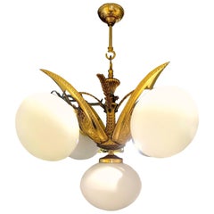 Art Deco Bronze chandelier French Five Globes Crystal, 1930