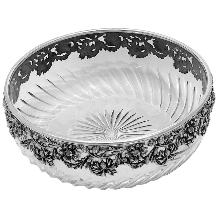 Antique French Sterling Silver Cut Crystal Salad or Serving Bowl, Daisy