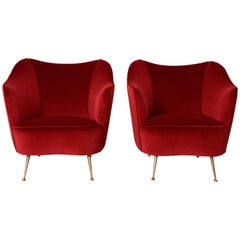 Italian Red Velvet Lounge Chairs, circa 1950