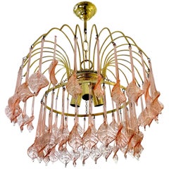 Murano mid-century Chandelier glass Pink Blossom Gilt Frame, 1970s