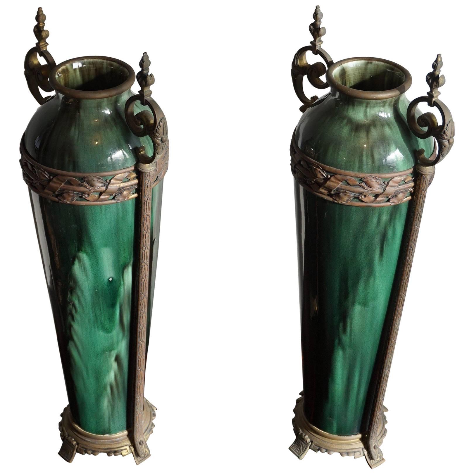 Stunning Pair of Antique French Green Ceramic Vases with Bronze Base & Handles