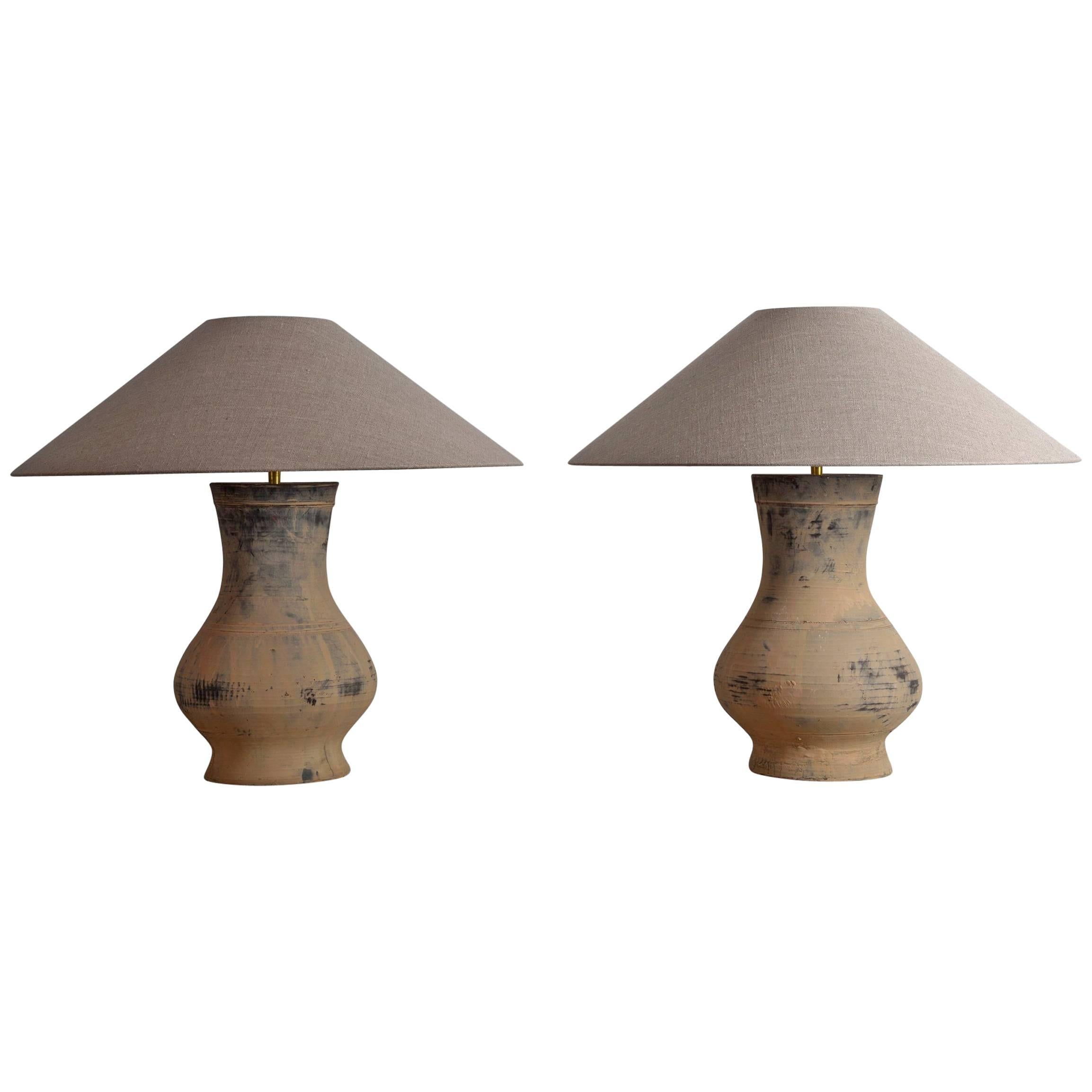 Near Pair of Chinese Han Lamps with Handmade Belgian Linen Shades