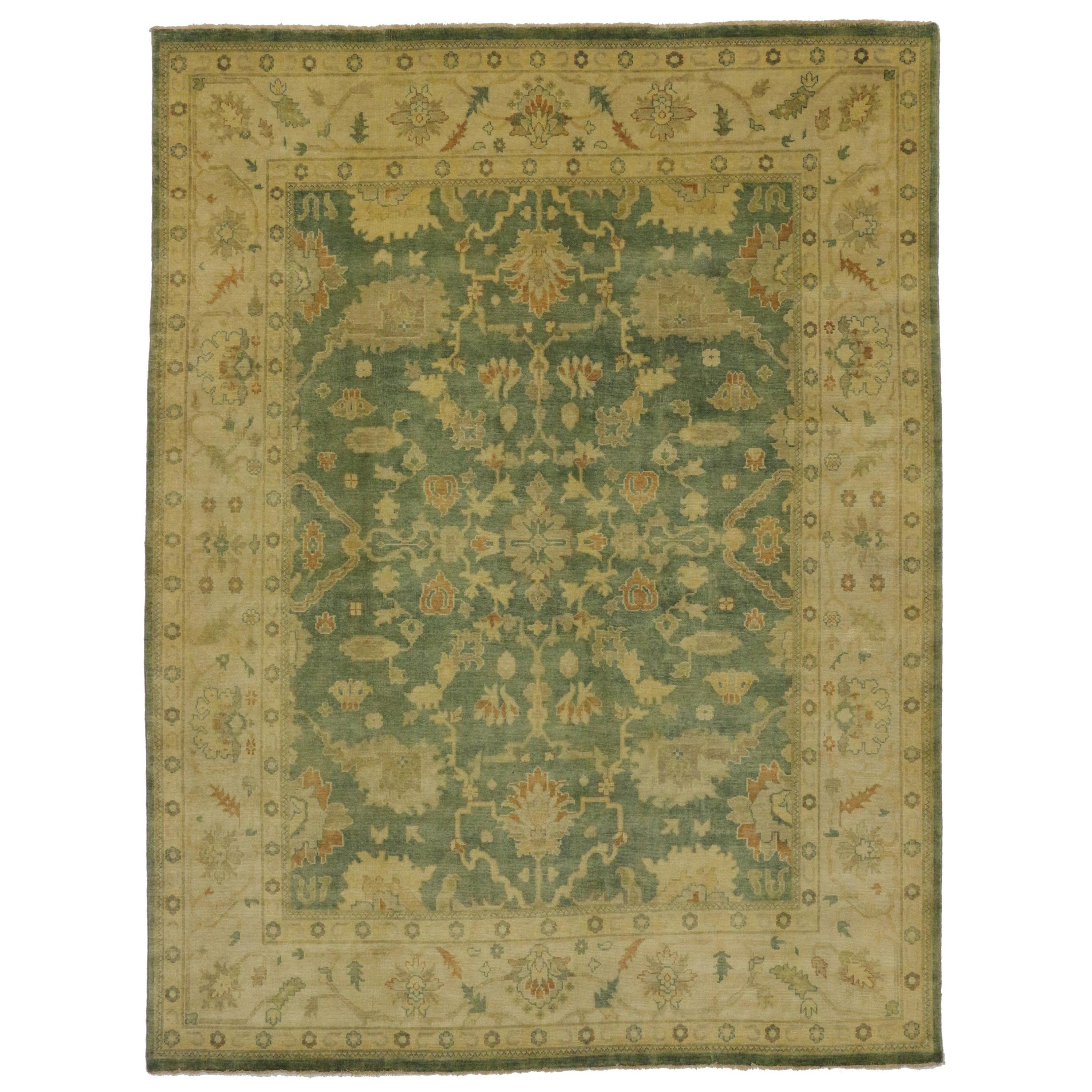 30188, contemporary Indian Oushak style Area rug with Arts & Crafts style. This hand knotted wool contemporary Indian Oushak style area rug features a graceful all-over floral pattern spread across an abrashed field. Large palmettes, vines, tulips,