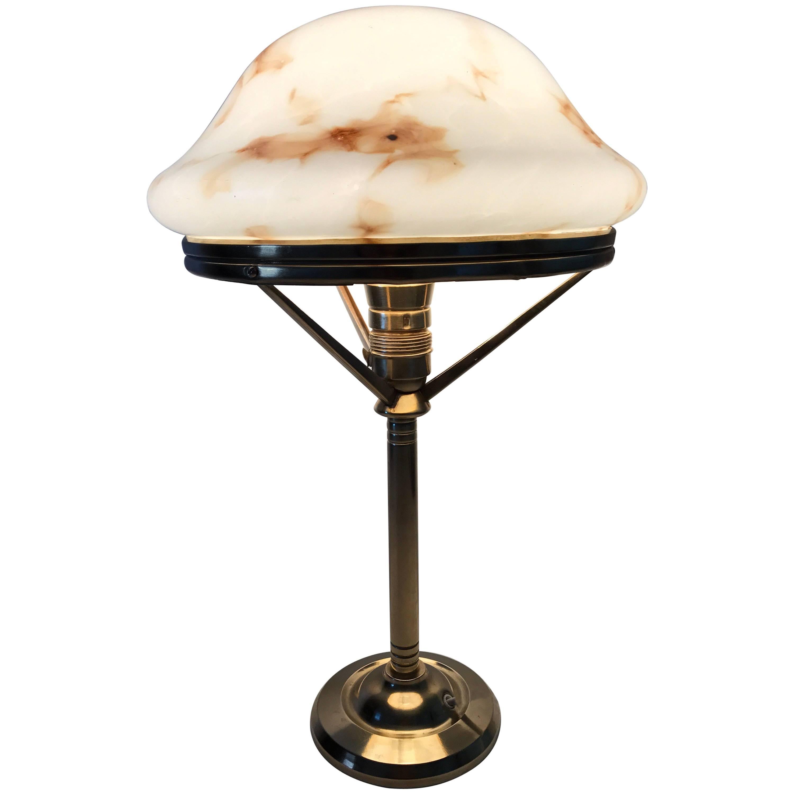 1920 Swedish Art Nouveau Jugendstil Brass and Art Glass Table Lamp For Sale