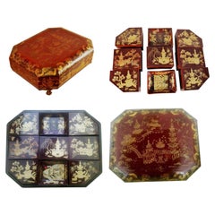 Chinese Red Lacquer Covered Games Box with Inner Trays & Boxes, circa 1825-1850