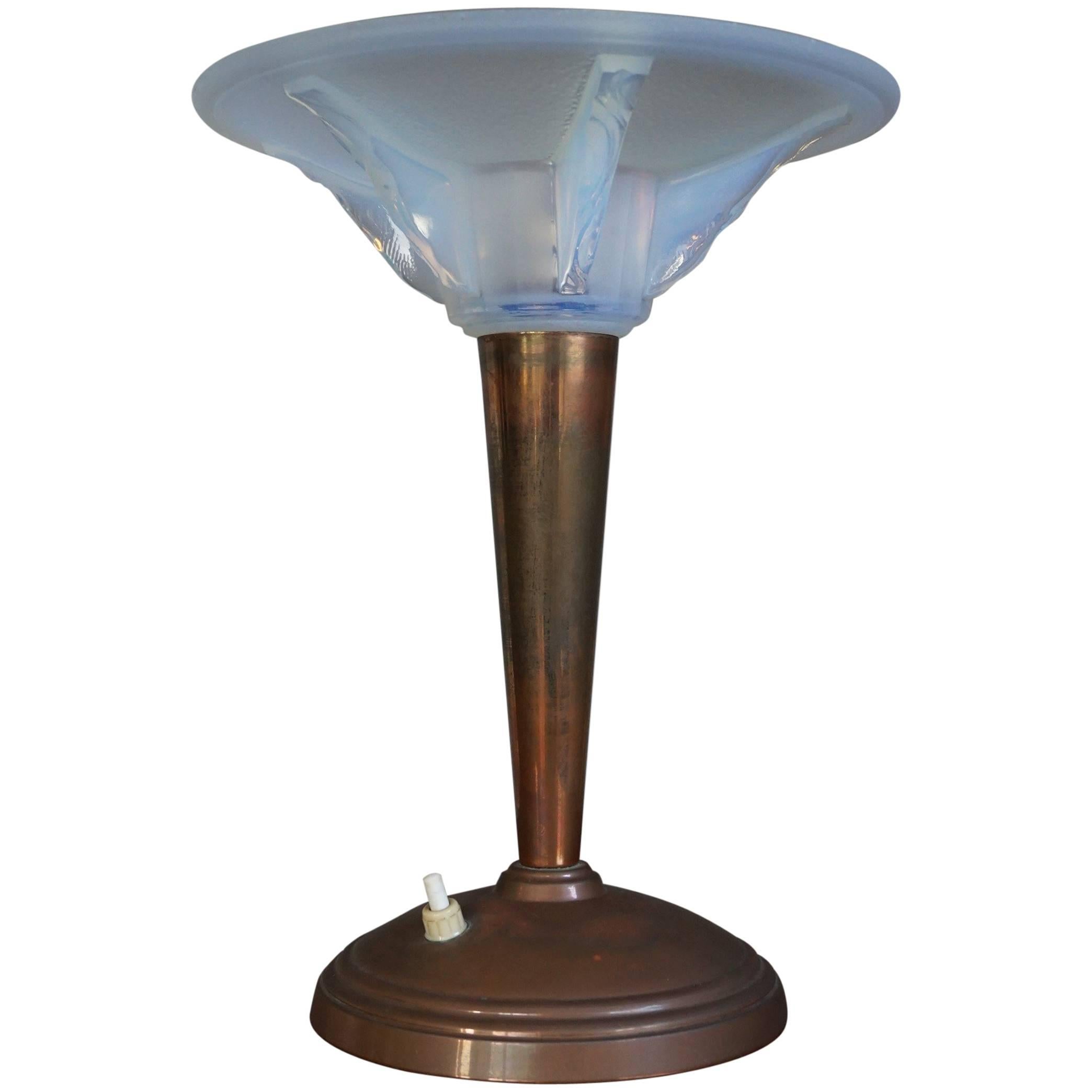 Art Deco Table or Desk Lamp with a Lalique Style Iridescent Blue Glass Shade