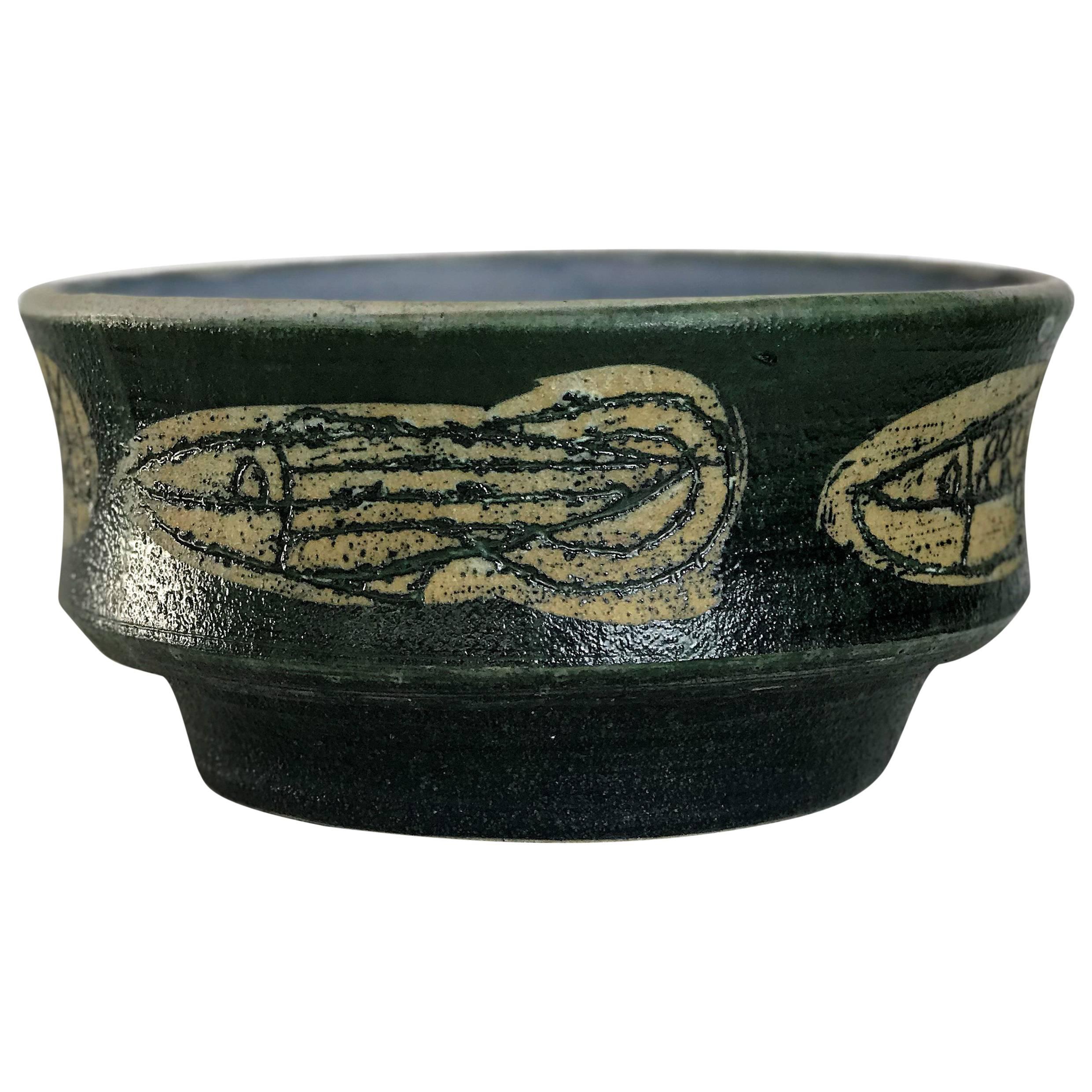 Modernist Neolithic Fish Studio Ceramic Bowl by Listed Artist Frank Colson