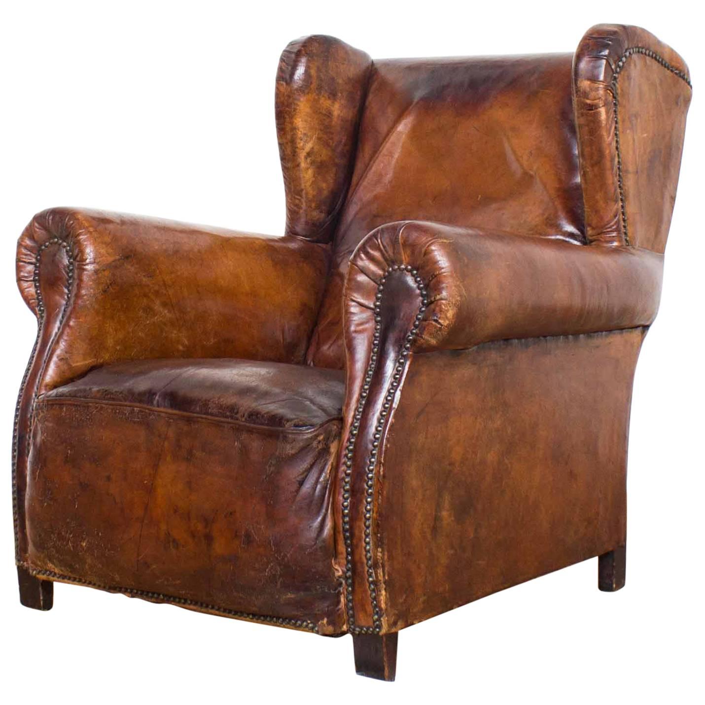 Vintage Cognac Leather Wing Back Club Chair