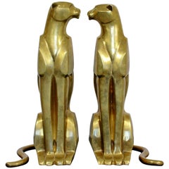 Mid-Century Modern Pair of Bronze Brass Cheetah Cat Table Sculptures