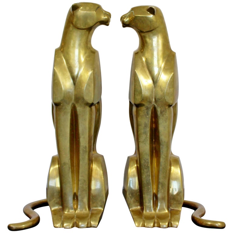 MidCentury Modern Pair of Bronze Brass Cheetah Cat Table Sculptures at