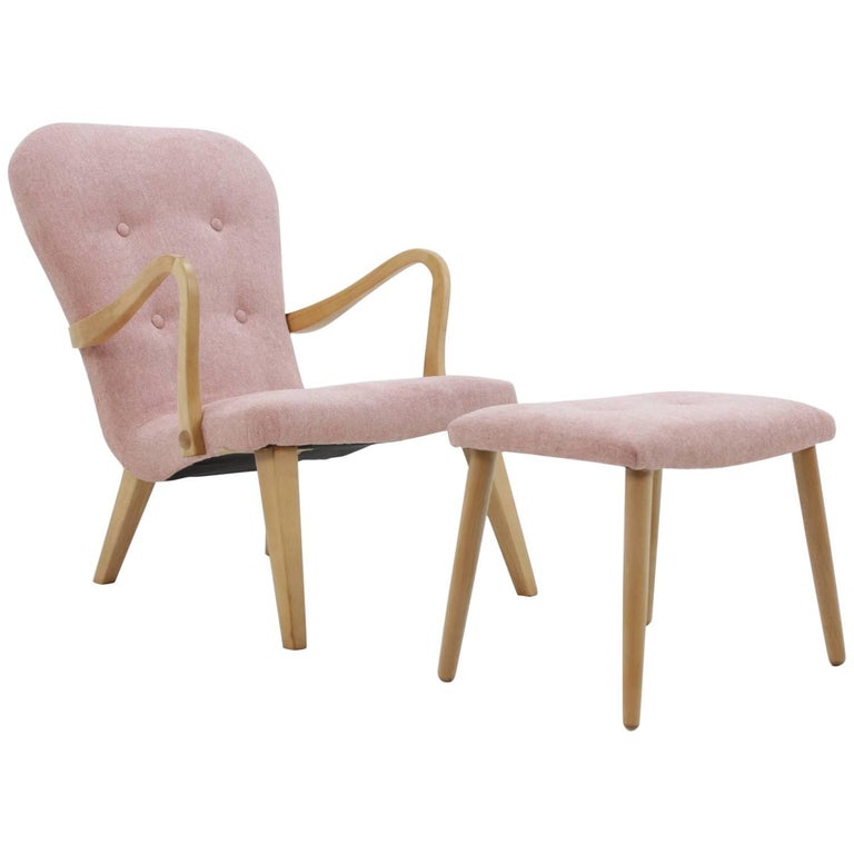 1960s Danish Oak Lounge Chair with Stool For Sale at 1stdibs