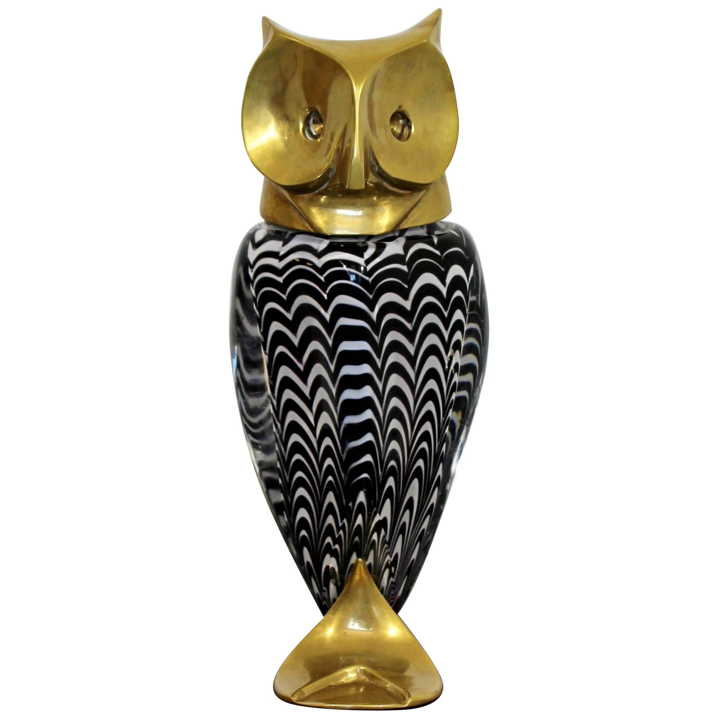 Mid-Century Modern Glass Bronze Brass Owl Table Sculpture Luca Bojola, Italy