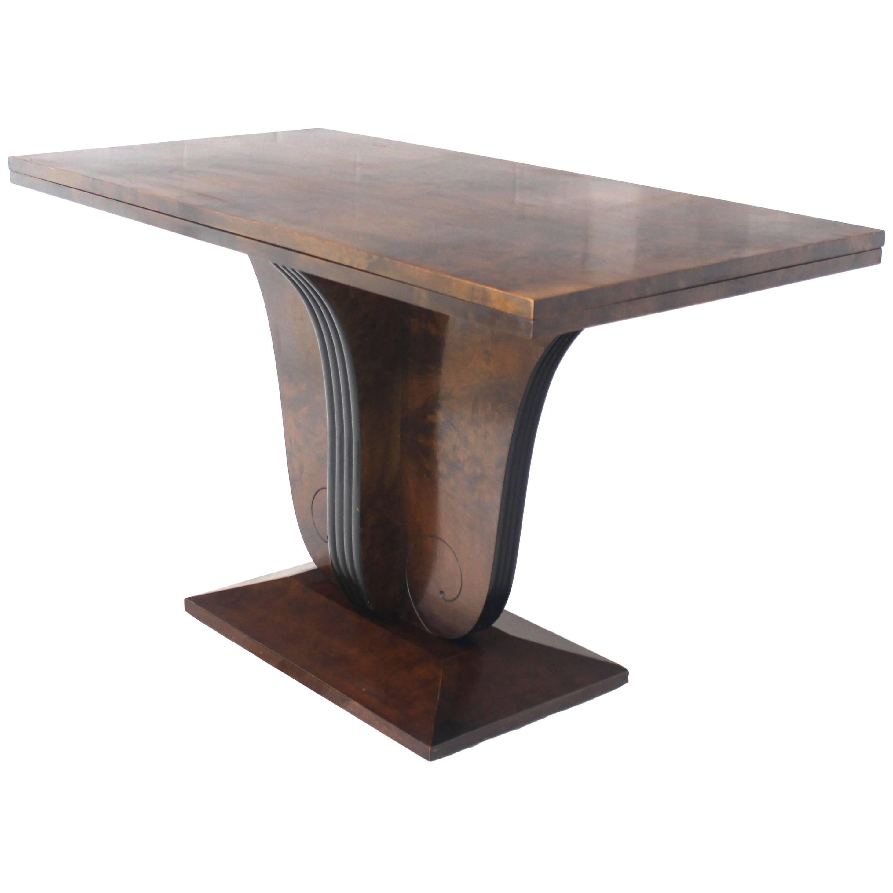 Flip-Top Burl Wood Dining Large Console Table Deco Figural Base For Sale