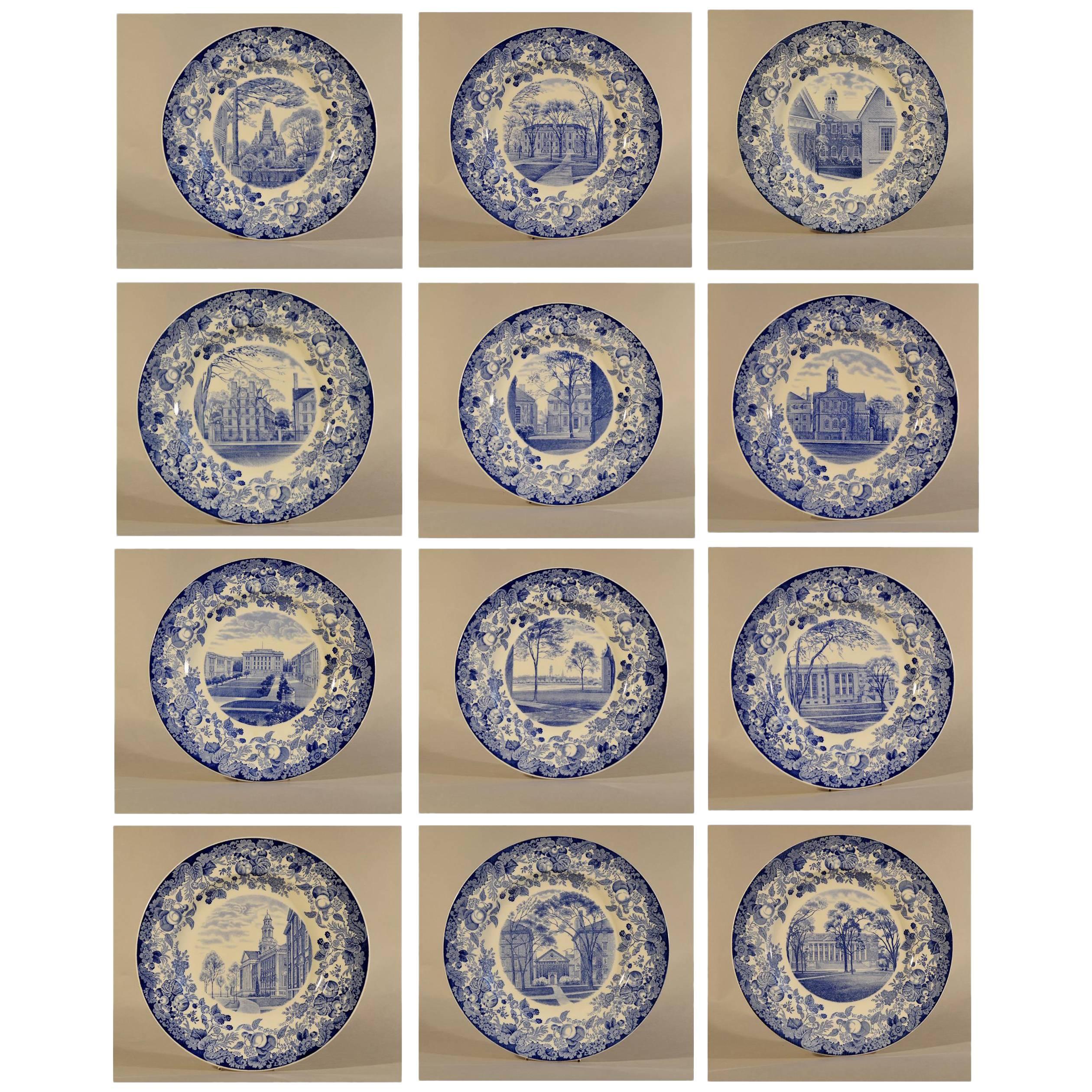 Wedgwood Blue and White Pottery Set of 12 Plates with Harvard Scenes, 1927