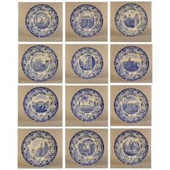 Antique Wedgwood Blue and White Pottery Set of 12 Plates with Harvard Scenes, 1927