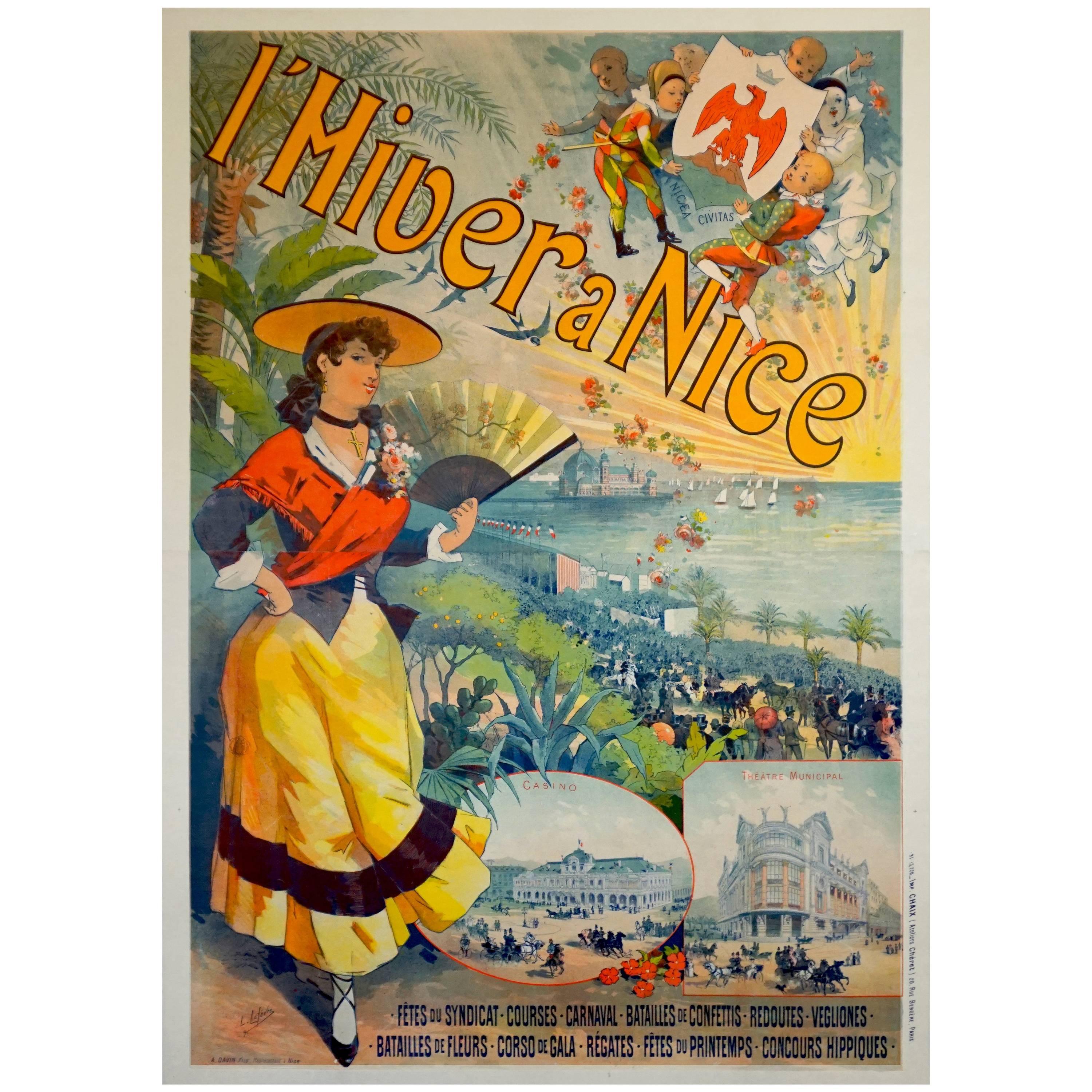 French Art Nouveau Travel Poster for l’Hiver a Nice Cote d’Azur by Lefevre, 1891 For Sale
