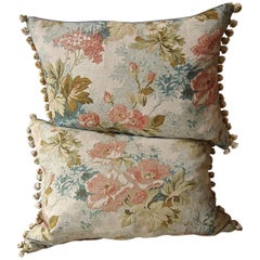 Pair of circa 1980s French Floral Bobble Trim Cotton Linen Pillows