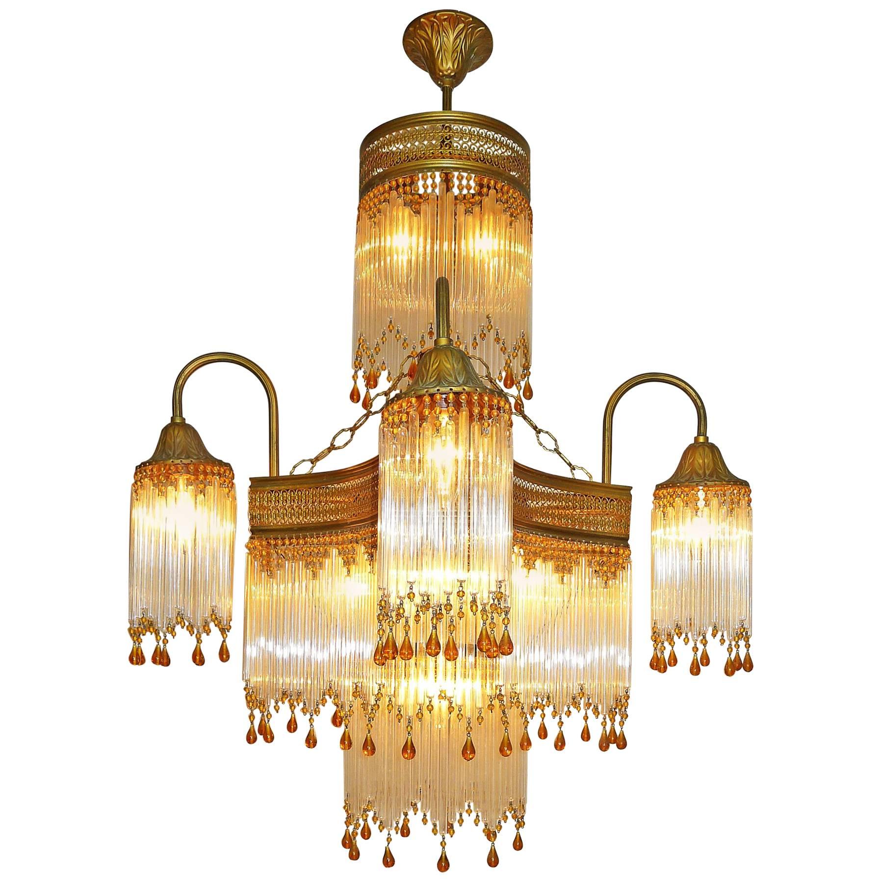 Art Deco/Art Nouveau Amber Beaded & Clear Glass Straw Chandelier/ 11 Light Bulbs
