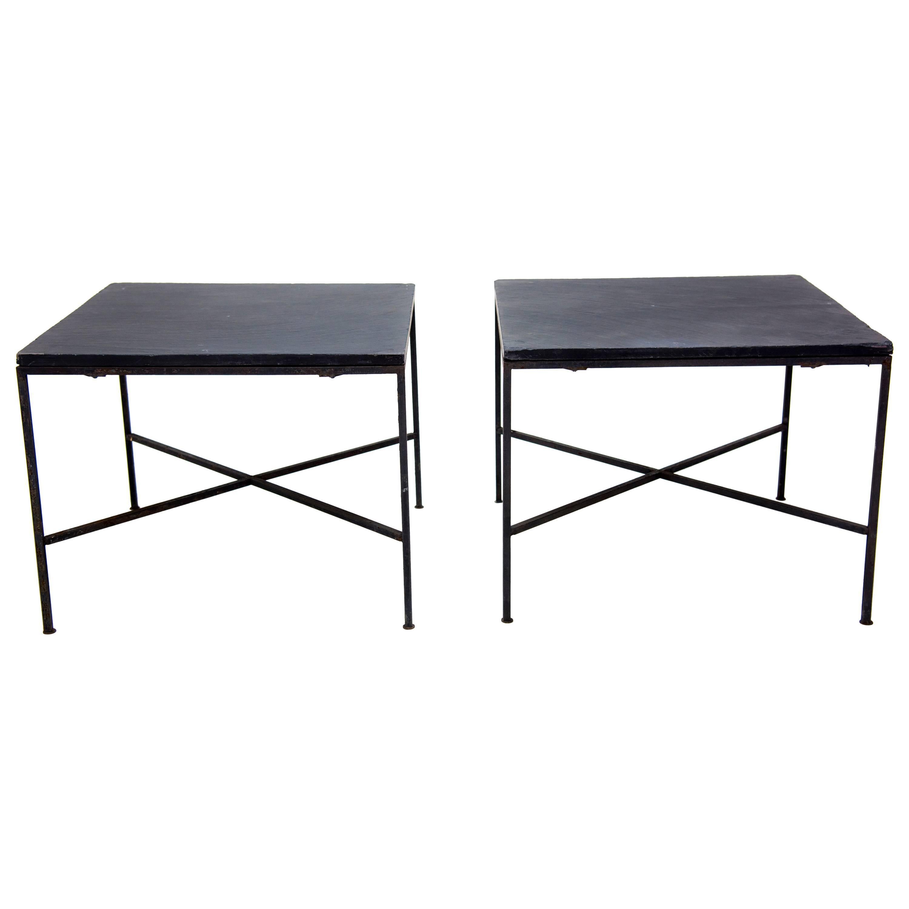 Pair of Iron and Slate Mid-Century Modern End Tables in the Style of Paul McCobb