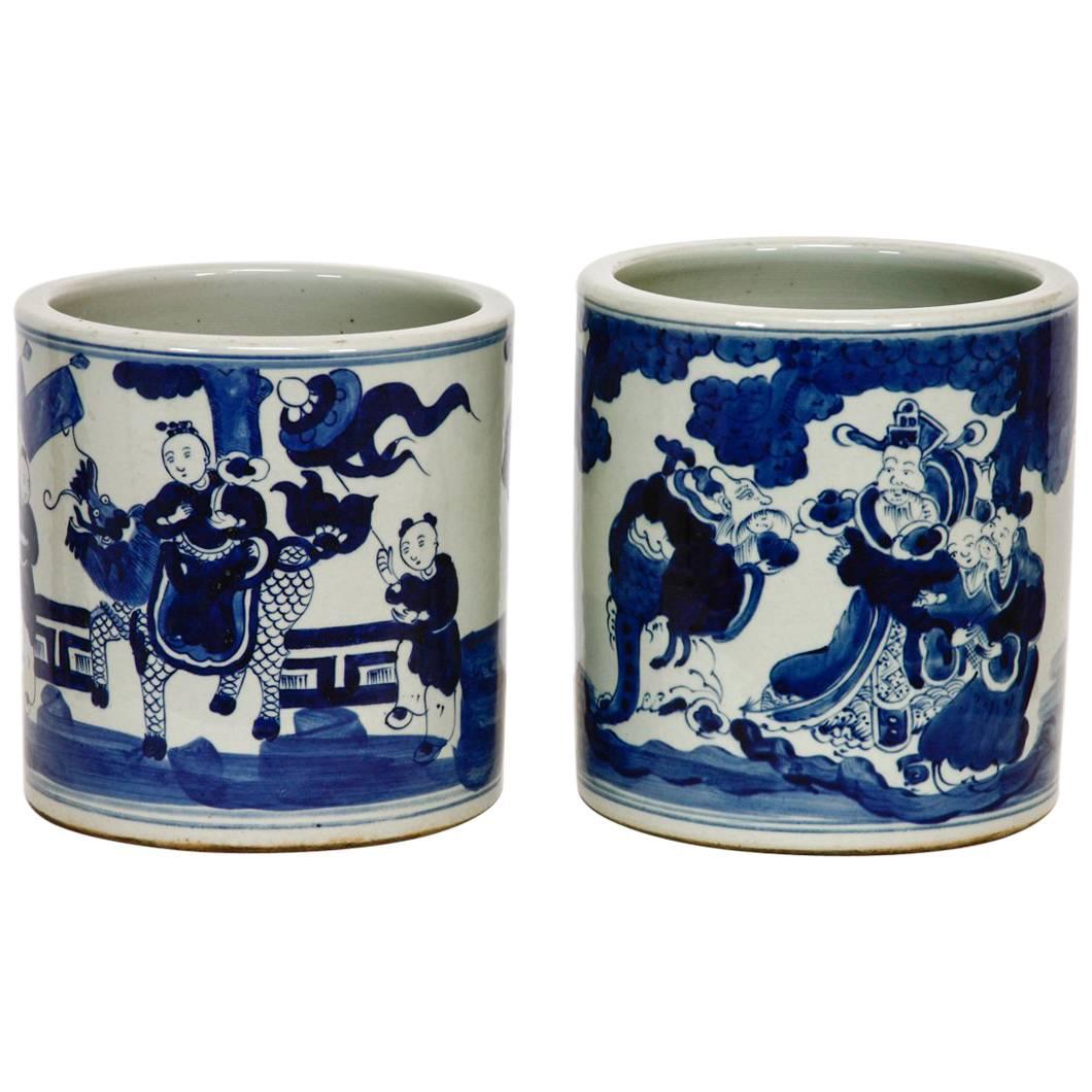 Pair of Chinese Blue and White Ceramic Brush Pots