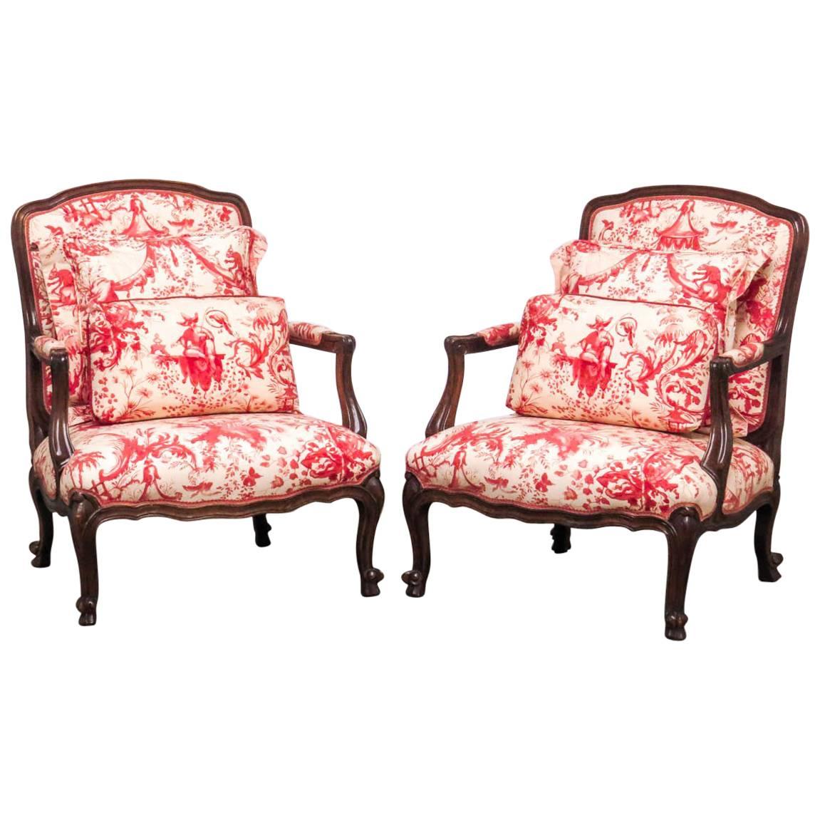 Louis XV Style Fauteuil Armchairs with Scalamandre Chinoiserie Toile
