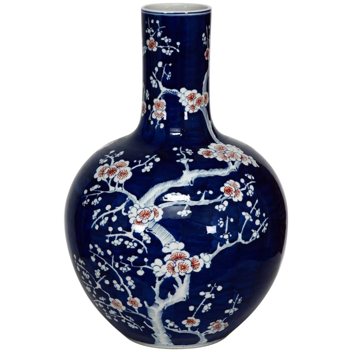 Chinese Cobalt Blue and White Stick Neck Prunus Vase