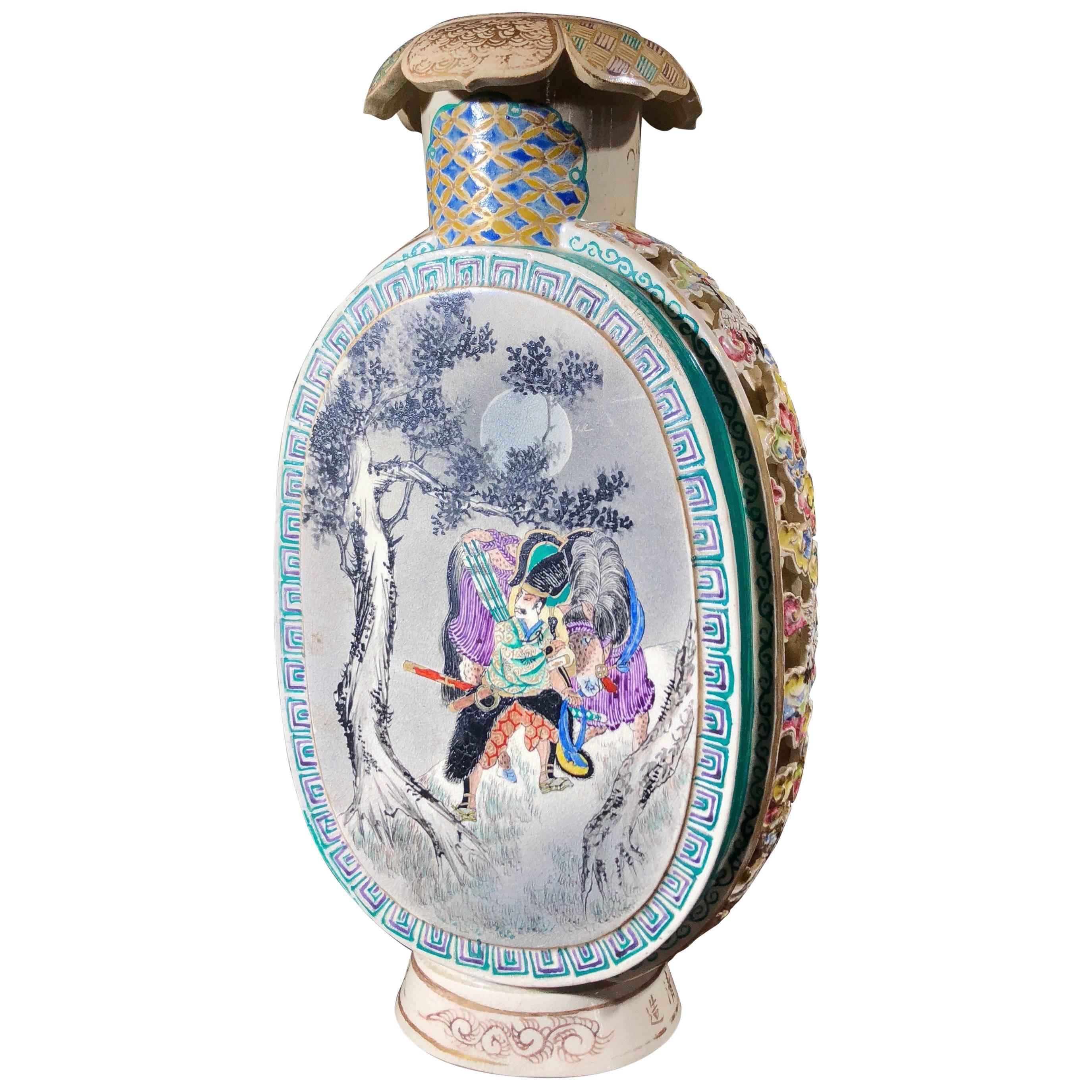 Satsuma Kyoto Vase with Scenic Panels, Pierced Sides, Gosu Blue, circa 1880 For Sale