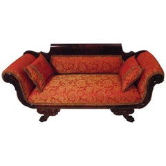 Empire Sofa, Antique American in Coral Woven Damask Fabric