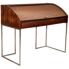 Vieux Bureau à cylindre en chrome et bois de rose avec Tambour