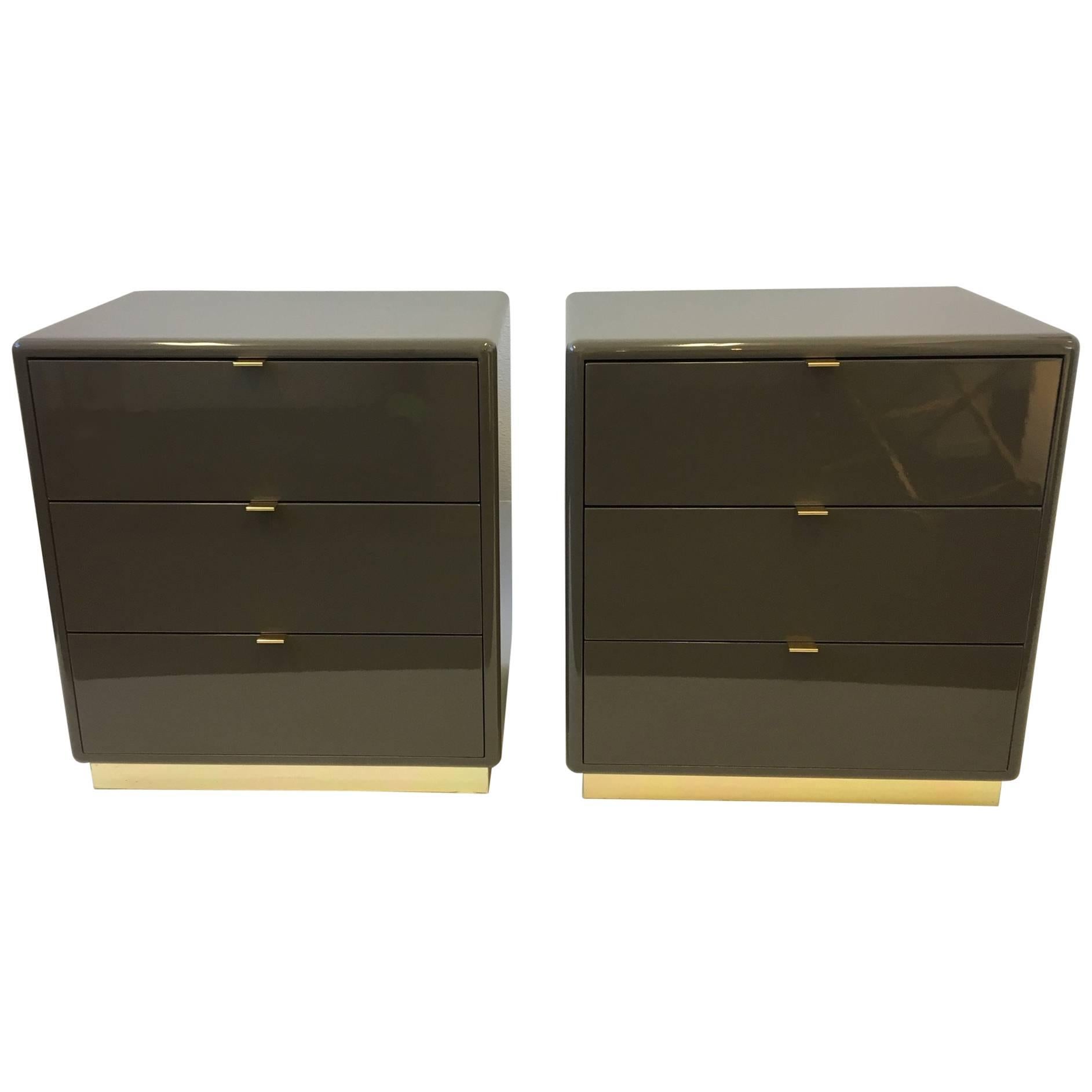 Pair of Light Brown Lacquer and Brass Nightstands by Steve Chase