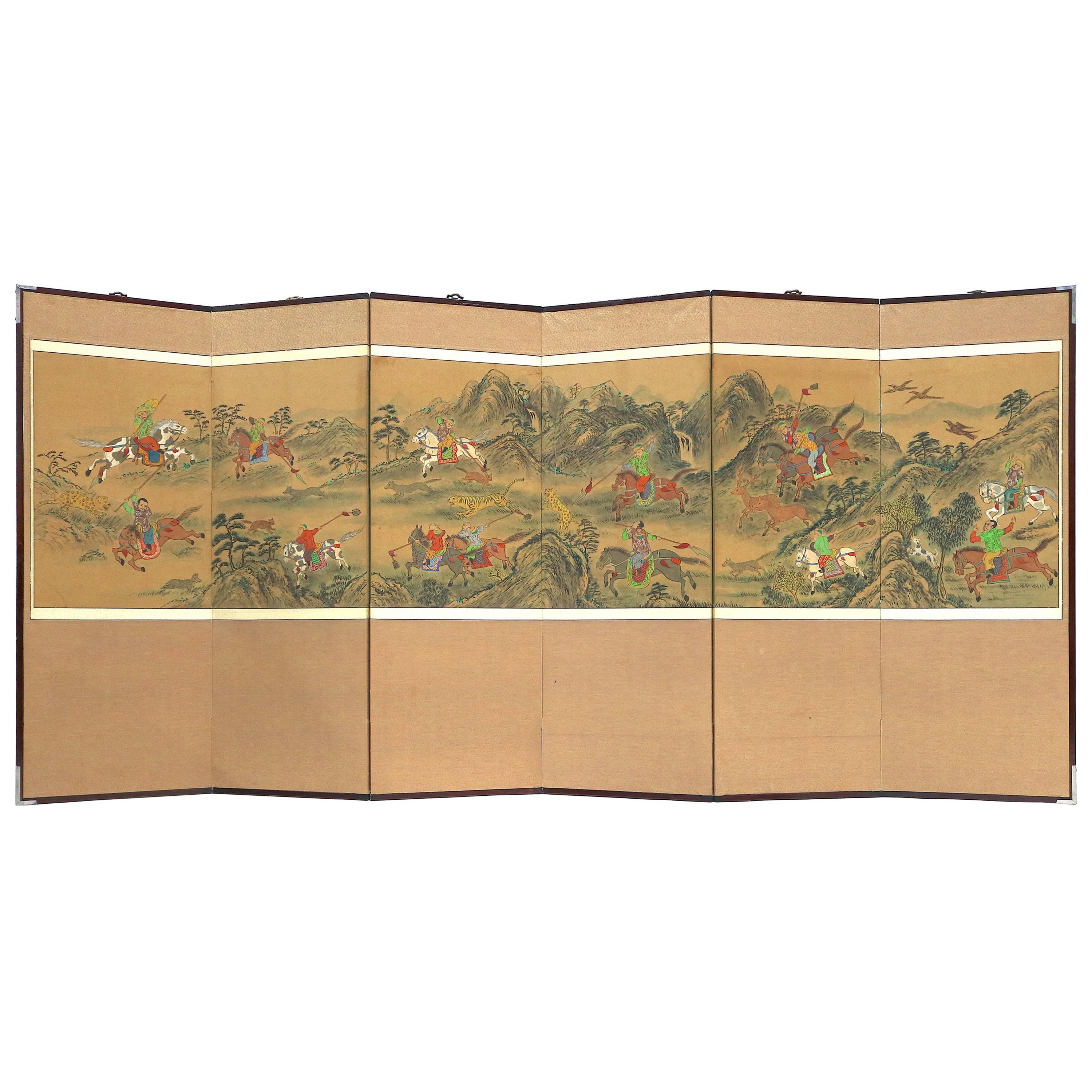 Venerable Six Fold Korean Screen Exciting Mongol Tiger Hunt-early 1900s For Sale