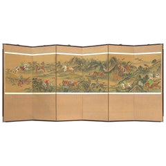 Antique Venerable Six Fold Korean Screen Exciting Mongol Tiger Hunt-early 1900s