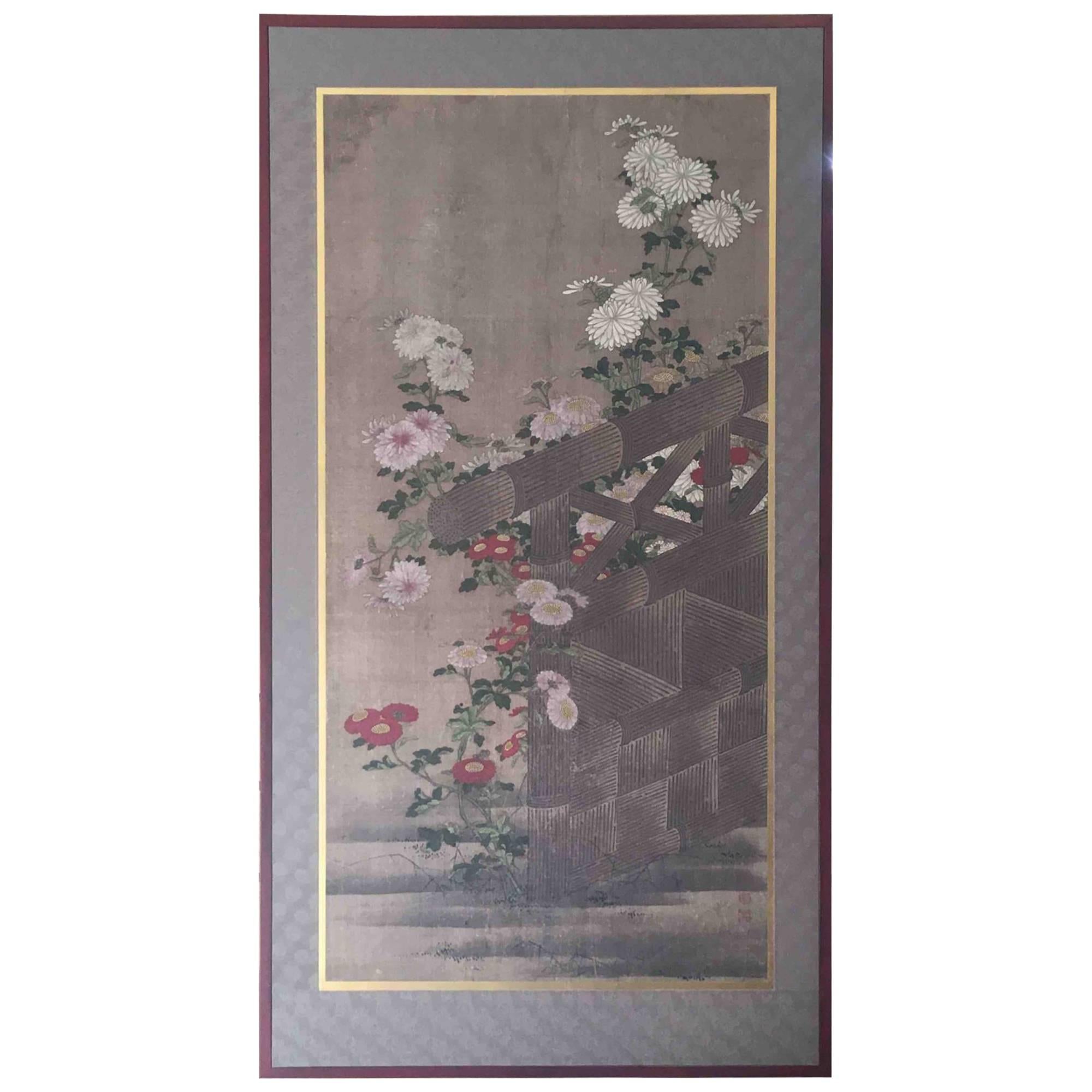 Painting of Fence and Flowers Screen Japan Panel