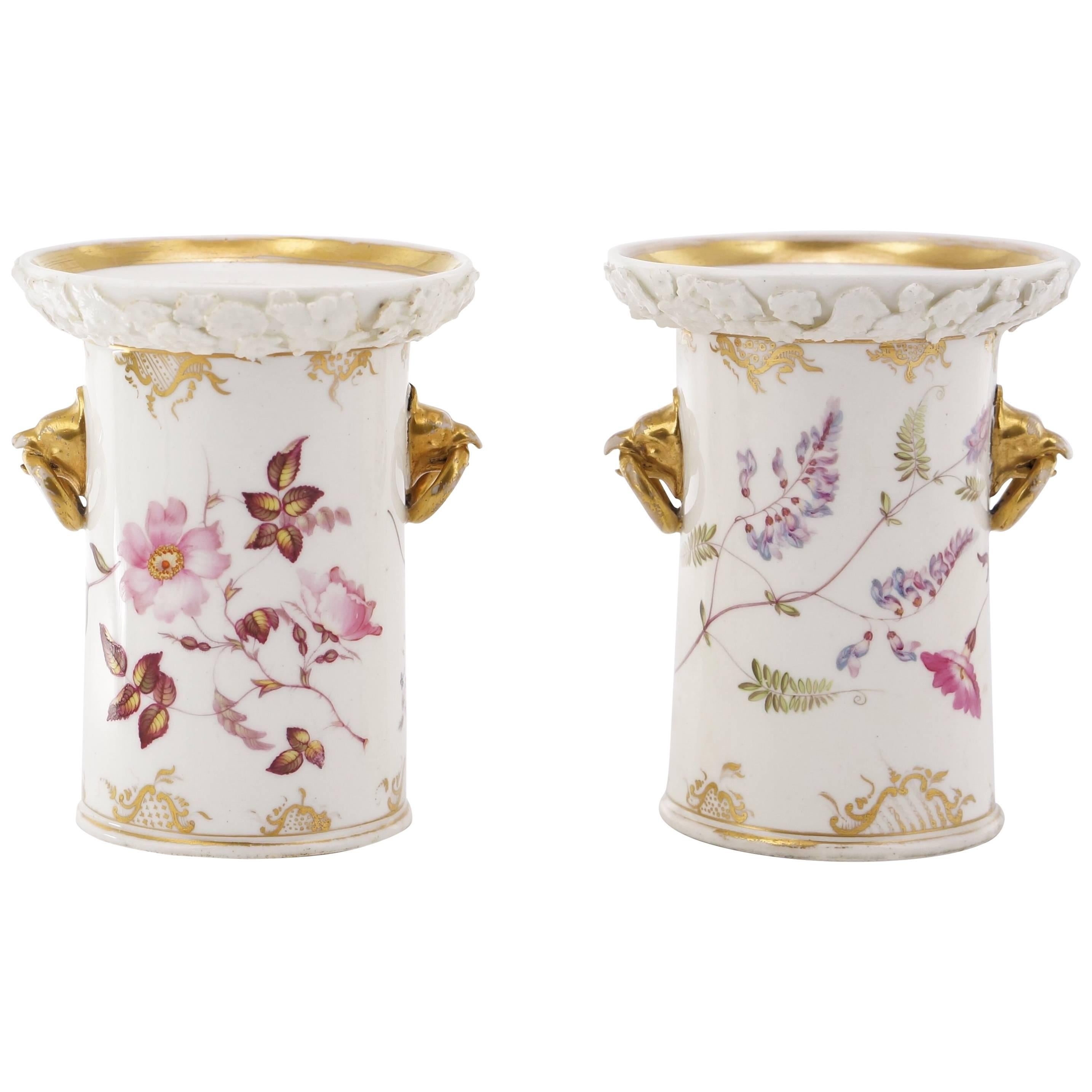 Pair of Coalport Vases with Birds Head Handles, Strawberries, circa 1830 For Sale