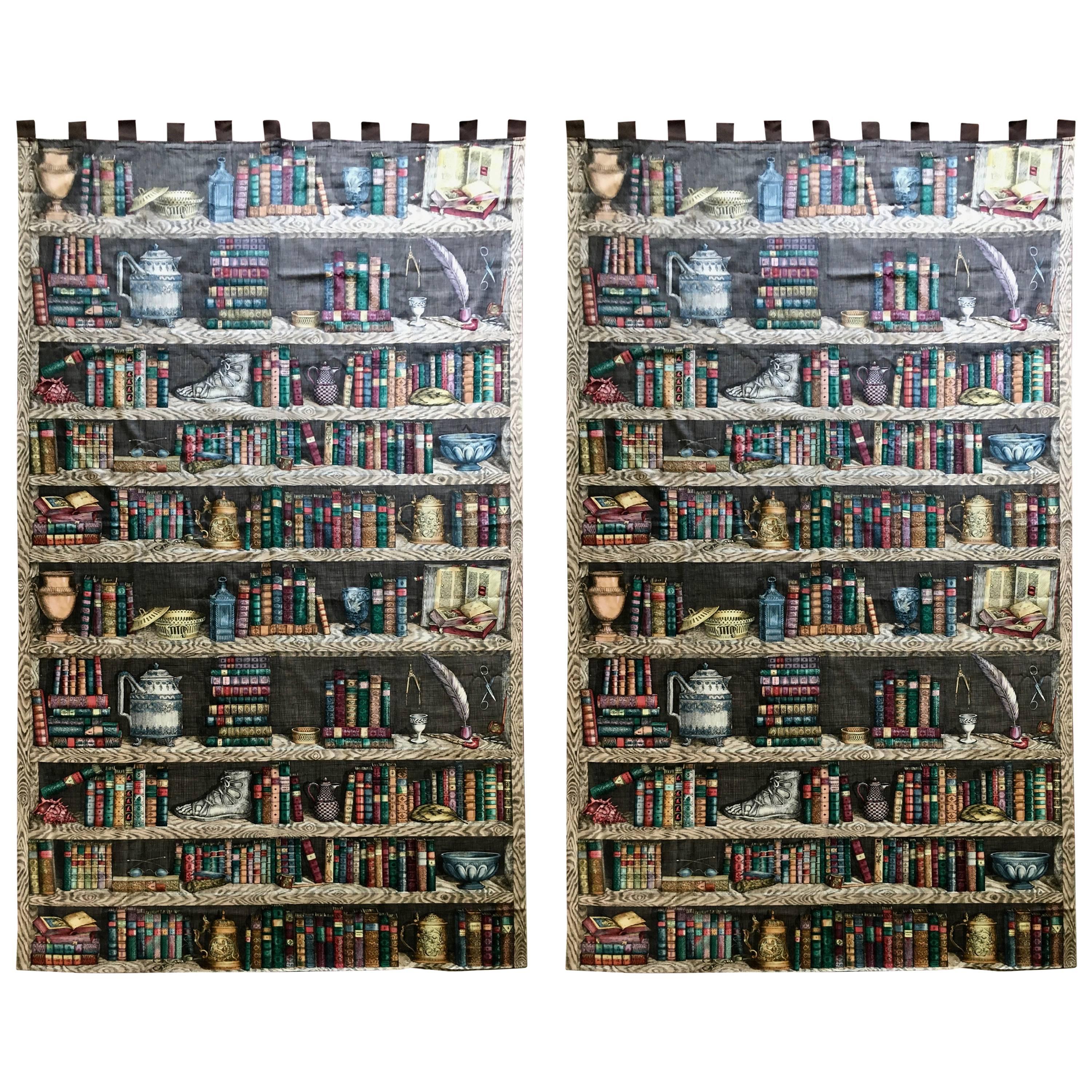 Pair of Vintage Fornasetti, Italy "Libreria" Fabric Drapery Panels