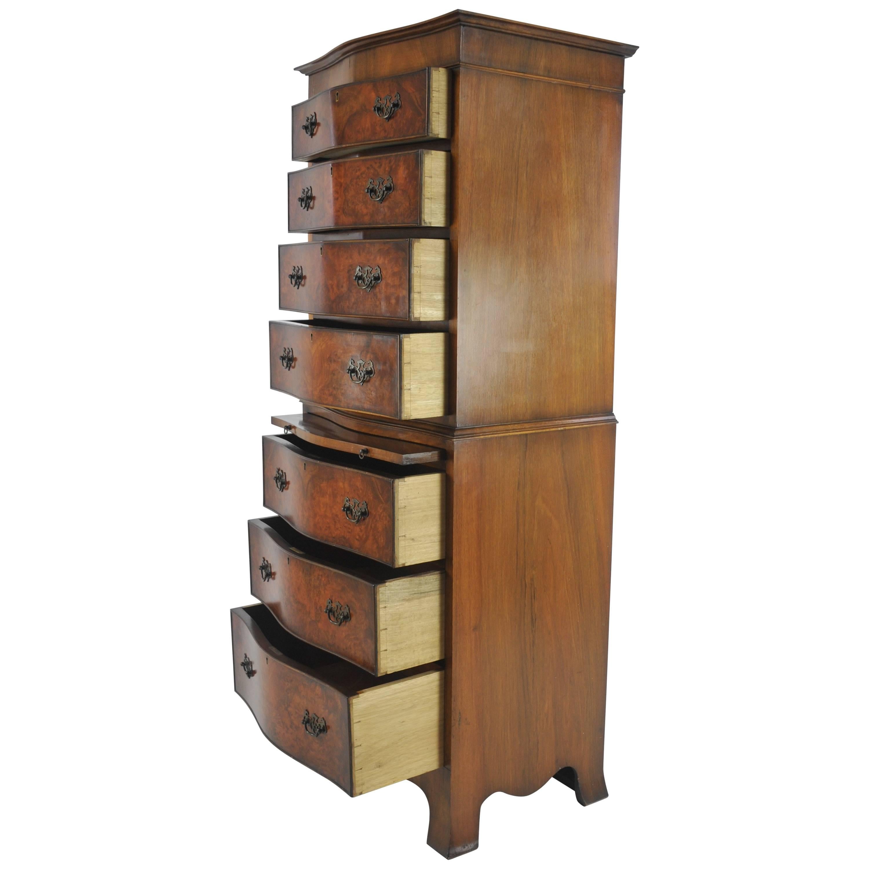 Walnut Highboy, Serpentine, Lingerie Chest, Scotland 1920, B1024