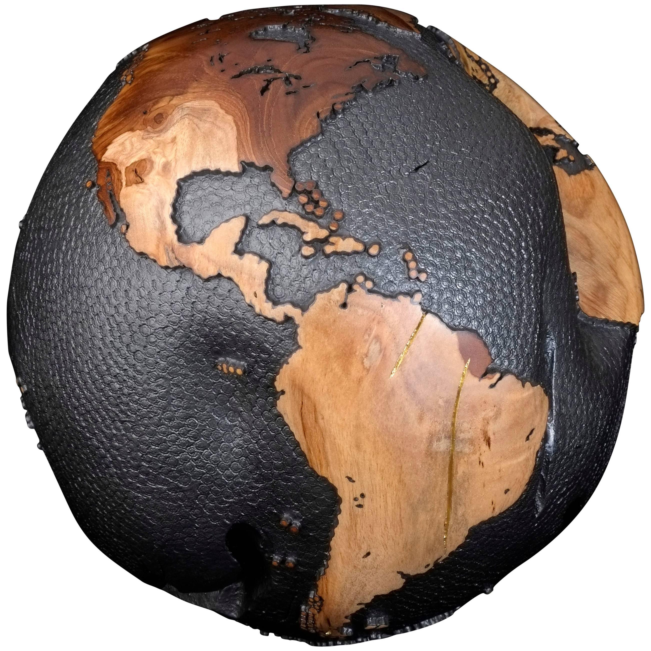 Gold Line Accents Wooden Globe, Steel Hammered and Graphite 30cm, Saturday Sale For Sale
