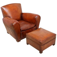 French Leather Club Chair and Stool