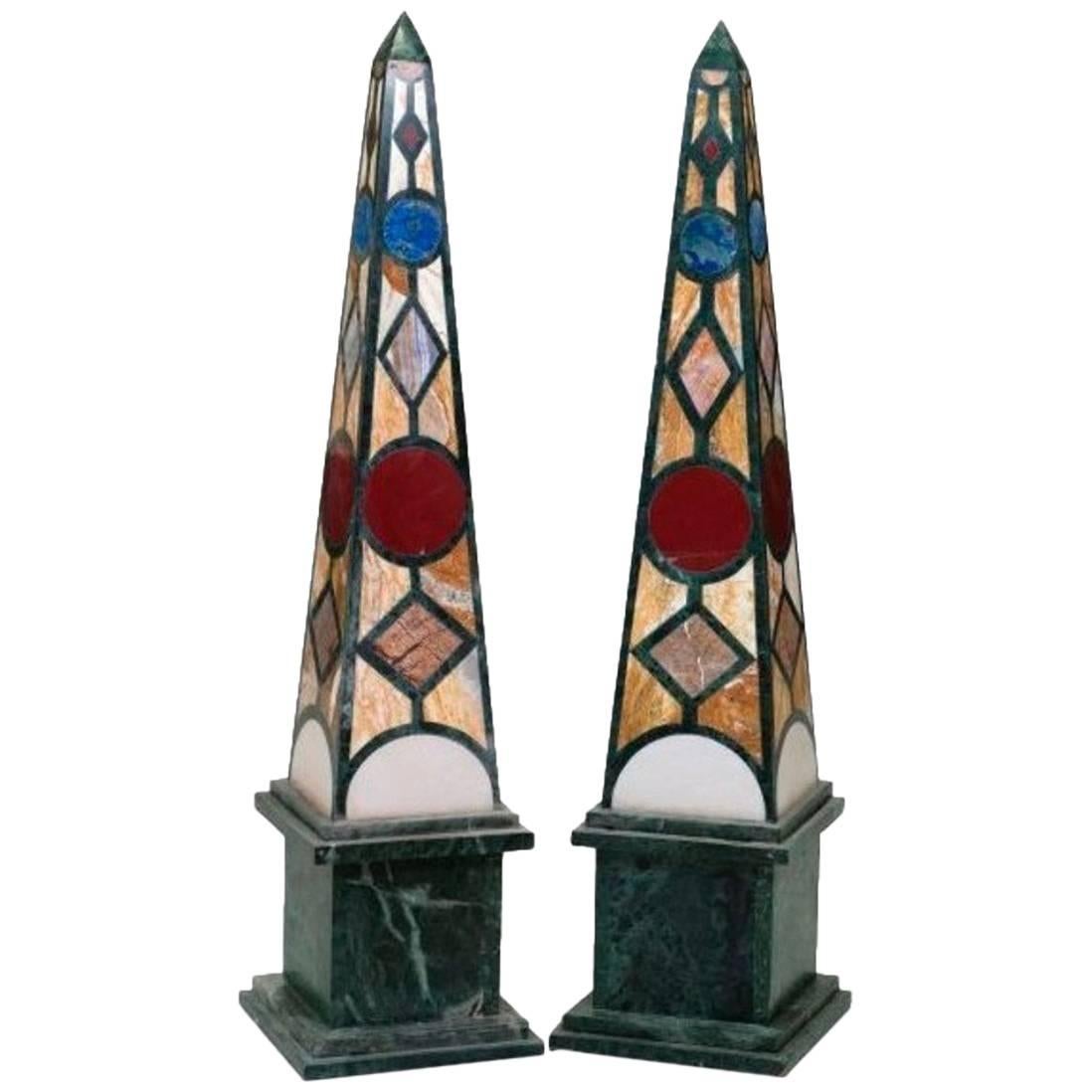 Pair of Green Serpentine Marble Obelisks with Lapis Lazuli Inlay Mosaic For Sale