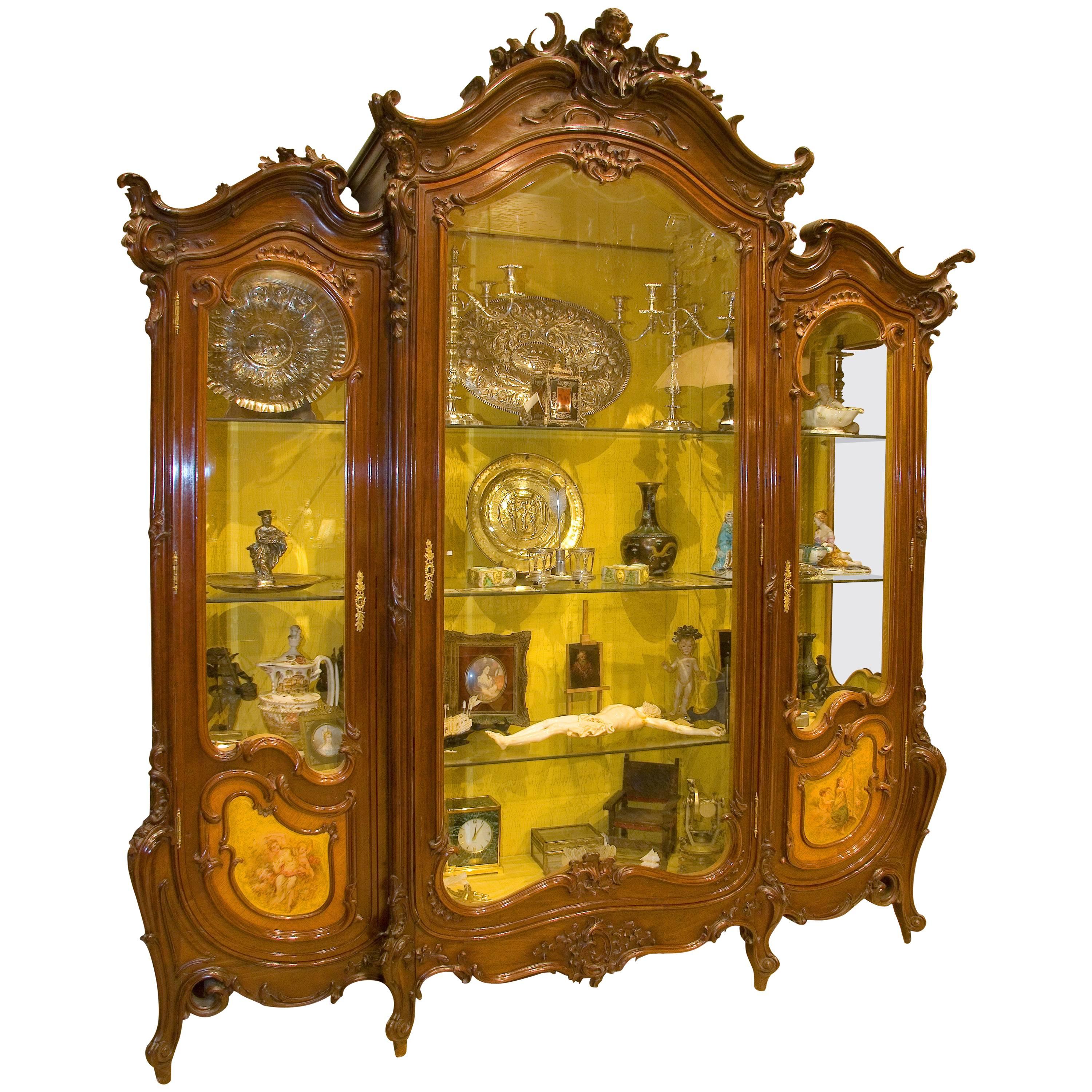 Three Doors Louis XV Style Glass Cabinet, Mahogany, 19th Century For Sale