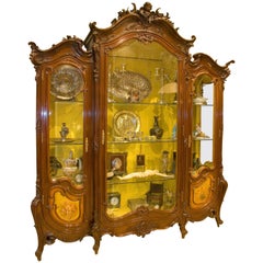 Antique Three Doors Louis XV Style Glass Cabinet, Mahogany, 19th Century