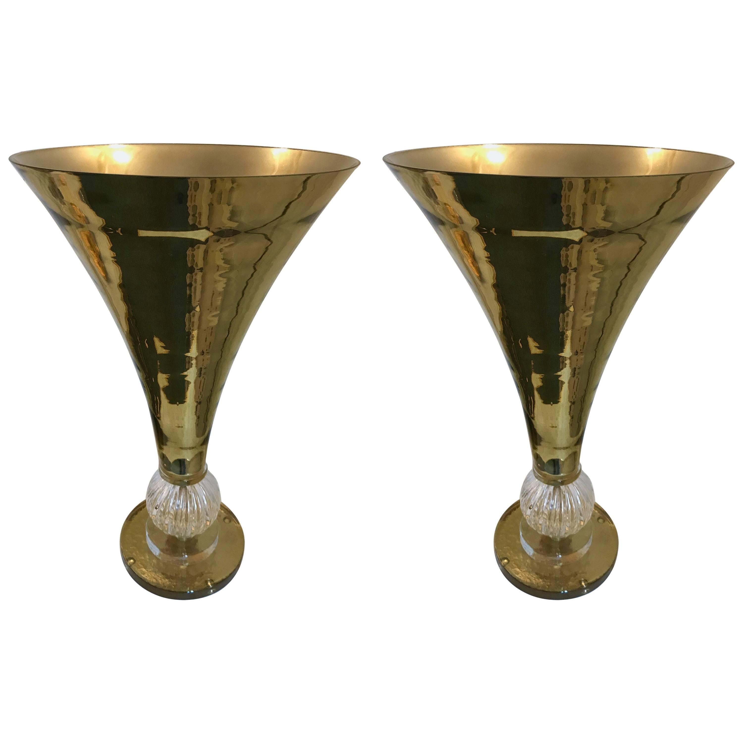 Contemporary Pair of Cone Lamps Gold Murano Glass
