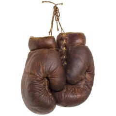 Vintage Brown Leather Boxing Gloves, circa 1940-1950